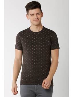 Peter England - Mens Brown Print Round Crew Neck T-Shirt