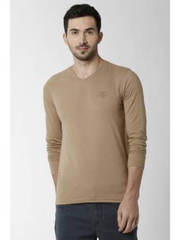 Peter England - Mens Beige Solid Round Crew Neck Crew Neck T-Shirt