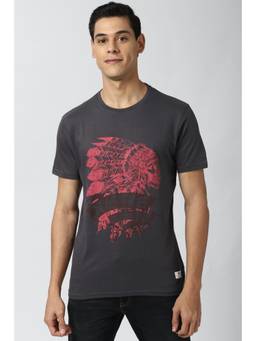 Peter England - Mens Grey Graphic Print Round Crew Neck T-Shirt