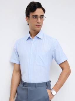 Park Avenue - Mens Regular Fit Stripes Light Blue Shirt