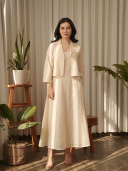 ONEWE INDIA - Off White Rose Maxi Dress with Jacket (Set of 2)