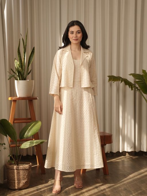 Buy ONEWE INDIA Off White Rose Maxi Dress with Jacket (Set of