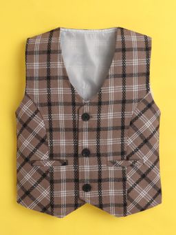 Mini Stitch - Brown Cotton Woven Sleeveless Checks Waistcoat