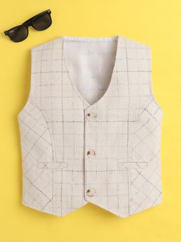 Mini Stitch - Beige Cotton Woven Sleeveless Checks Waistcoat