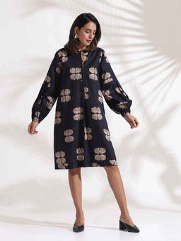 trueBrowns - Black Cotton Print Short Dress