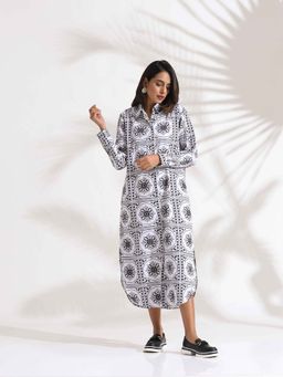 trueBrowns - White Cotton Print Shirt Dress