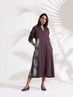 trueBrowns - Cola Brown Cotton Print A-Line Dress