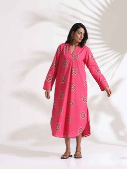 trueBrowns - Pink Cotton Print A-Line Dress
