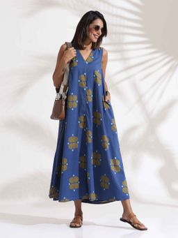 trueBrowns - Blue Cotton Print Sleeveless Dress