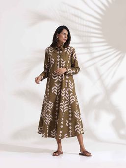 trueBrowns - Olive Cotton Print Shirt Dress