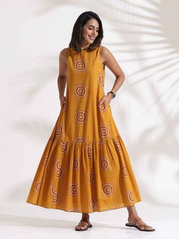 trueBrowns - Mustard Cotton Print Tier Dress