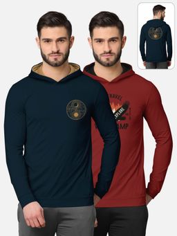BULLMER - Printed Full Sleeve Hooded T-shirt For Men Navy Blue And Red (Pack of 2)