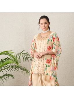 First Resort by Ramola Bachchan - Women Polyester Satin Floral Beige Top