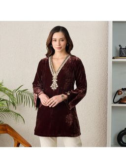 First Resort by Ramola Bachchan - Women Velvet Embroidered Brown Top
