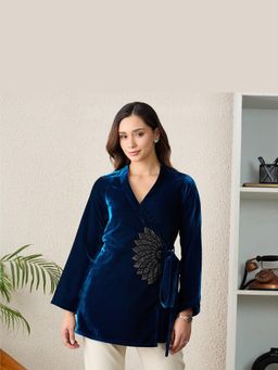 First Resort by Ramola Bachchan - Women Velvet Solid Blue Top