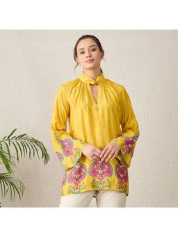 First Resort by Ramola Bachchan - Women Muslin Printed Yellow Top