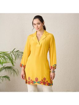 First Resort by Ramola Bachchan - Women Viscose Printed Yellow Top
