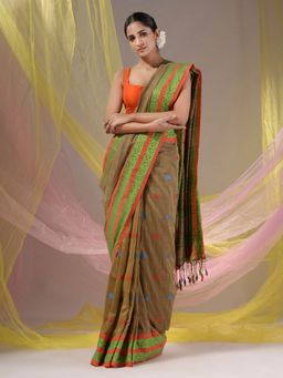 CHARUKRITI - Beige Cotton Handloom Soft Nakshi Border Saree with Unstitched Blouse