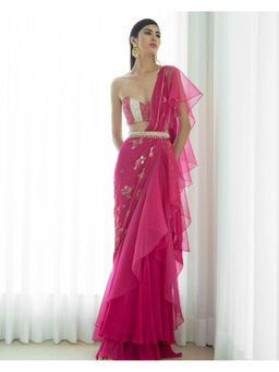 MANDIRA WIRK - Foil printed Pre Draped Saree With Stitched Blouse
