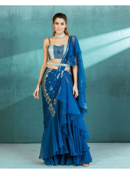 MANDIRA WIRK - Blue Chiffon Pre Draped Saree With Stitched Blouse and Belt