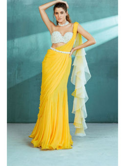 MANDIRA WIRK - Yellow Chiffon Pre Draped Saree With Stitched Blouse and Belt