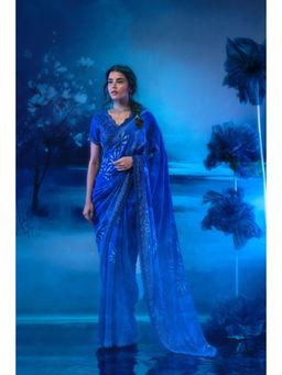 MANDIRA WIRK - Indigo Mirage Pre Draped Saree With Unstitched Blouse
