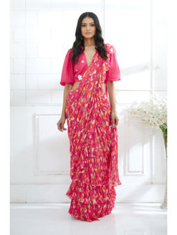 MANDIRA WIRK - Fuchsia Pink Ruffle Pre Draped Saree With Stitched Blouse