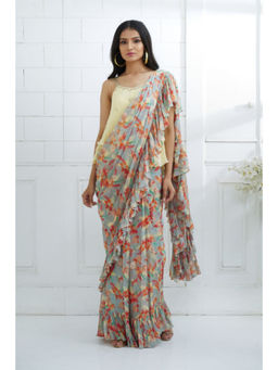 MANDIRA WIRK - Pale Yellow and Grey Ruffle Pre Draped Saree With Stitched Blouse