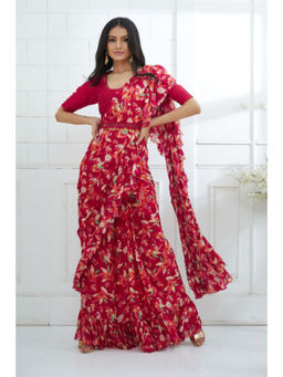 MANDIRA WIRK - Rani Pink Printed Ruffle Pre Draped Saree With Stitched Blouse