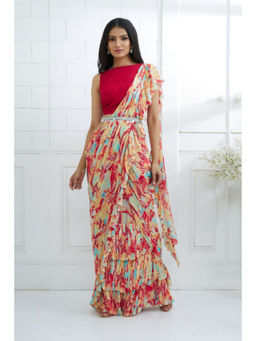 MANDIRA WIRK - Red Embroidered Printed Pre Draped Saree With Stitched Blouse