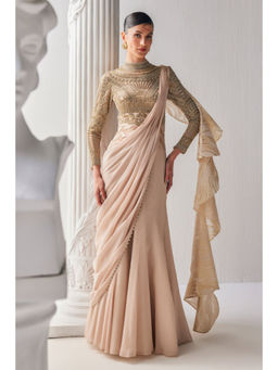 MANDIRA WIRK - Golden Shimmer Pre Draped Saree With Stitched Blouse
