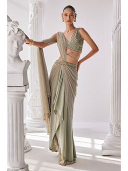 MANDIRA WIRK - Jade Green Coloured Pre Draped Saree With Stitched Blouse and Belt