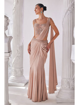 MANDIRA WIRK - Peach Shimmer Pre Draped Saree With Stitched Blouse and Belt