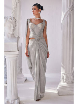 MANDIRA WIRK - Silver Pre Draped Saree With Stitched Blouse and Belt