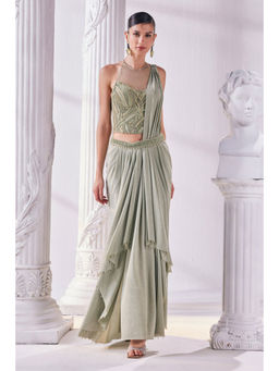 MANDIRA WIRK - Jade Green Pre Draped Saree With Stitched Blouse