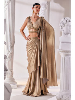 MANDIRA WIRK - Metallic Gold Pre Draped Saree With Stitched Blouse and Belt