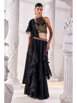 MANDIRA WIRK - Black Chiffon Pre Draped Saree With Stitched Blouse and Belt