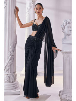 MANDIRA WIRK - Royal Black Pre Draped Saree With Stitched Blouse and Belt