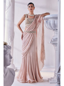 MANDIRA WIRK - Peach Chiffon Pre Draped Saree With Stitched Blouse