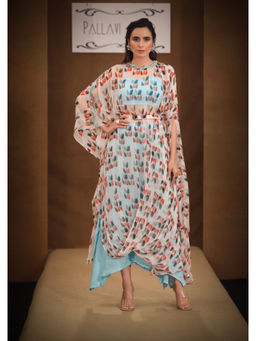 PALLAVI JAIPUR - Off White Sequined Pre-Draped Saree with Stitched Blouse and Belt