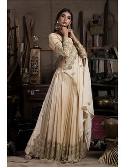 PALLAVI JAIPUR - Beige Sequined Skirt Saree with Stitched Blouse