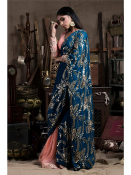 PALLAVI JAIPUR - Blue Sequined Saree with Skirt and Stitched Blouse