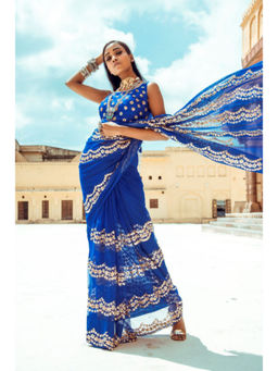 PALLAVI JAIPUR - Blue Sequined Saree with Stitched Blouse