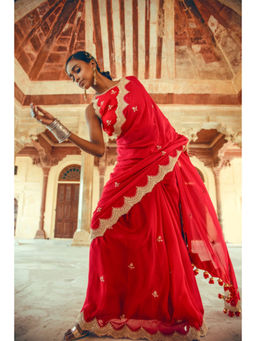 PALLAVI JAIPUR - Red Sequined Saree with 1 Stitched Blouse