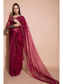 PALLAVI JAIPUR - Maroon Sequined Saree with Stitched Blouse