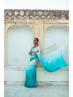 PALLAVI JAIPUR - Aqua Hand Embroidery Saree with Stitched Blouse