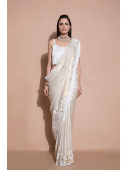 PALLAVI JAIPUR - White Thread Work Saree with Stitched Blouse