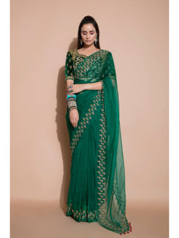 PALLAVI JAIPUR - Green Sequined Saree with Stitched Blouse
