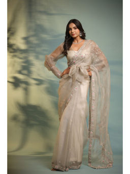 PALLAVI JAIPUR - Grey Embroidered Saree with Stitched Blouse and Inner Blouse