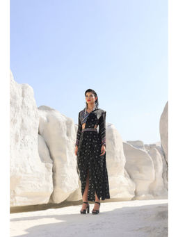 PALLAVI JAIPUR - Black Mirror Work Skirt Saree with Stitched Blouse and Belt